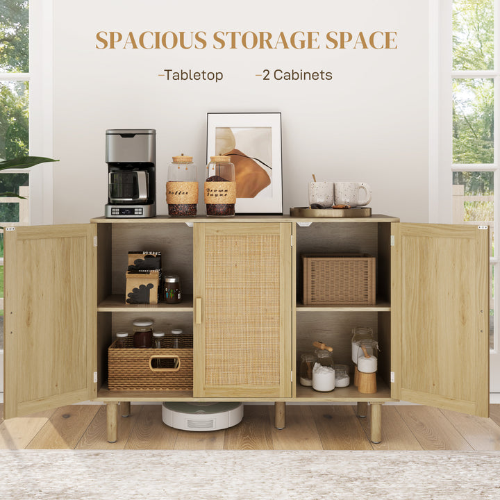 HOMCOM Bohemian Sideboard, 46.9" Buffet Cabinet with 3 Rattan Doors and Shelves for Living Room, Hallway, Oak