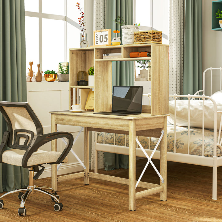 HOMCOM Computer Desk with Hutch, Home Office Table with Storage Shelves and Open Compartments for Writing, Work, Brown