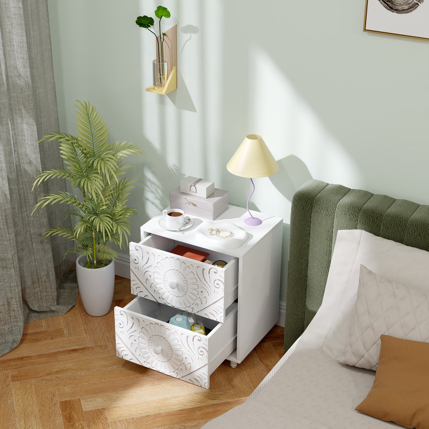 HOMCOM Mid-Century Bedside Table, Nightstand with 2 Drawers, Side End Table for Bedroom, White