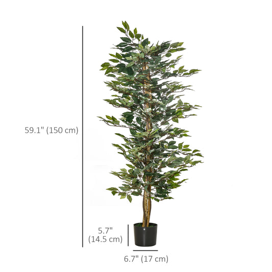 HOMCOM 5FT Artificial Ficus Tree, Fake Tree with Leaves, Faux Plant in Nursery Pot for Indoor Decoration