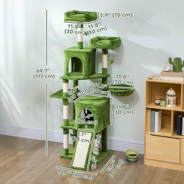 PawHut Cat Tree, 70" Multi-Level Cat Tower with 2 Condos, 2 Perches, Hammock, Toy Balls, Scratching Posts and Board, Green