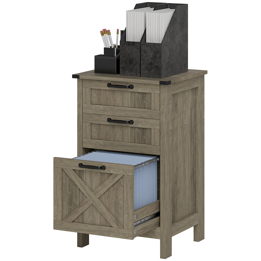 HOMCOM Vertical Filing Cabinet with 3 Drawers, Rustic Farmhouse Office Storage Cabinet for A4, Letter Size, Stone Grey
