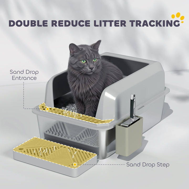 PawHut Stainless Steel Cat Litter Box High Sided with Metal Scoop & Holder, Non-Sticky, Easy to Clean, Anti-Urine Leakage
