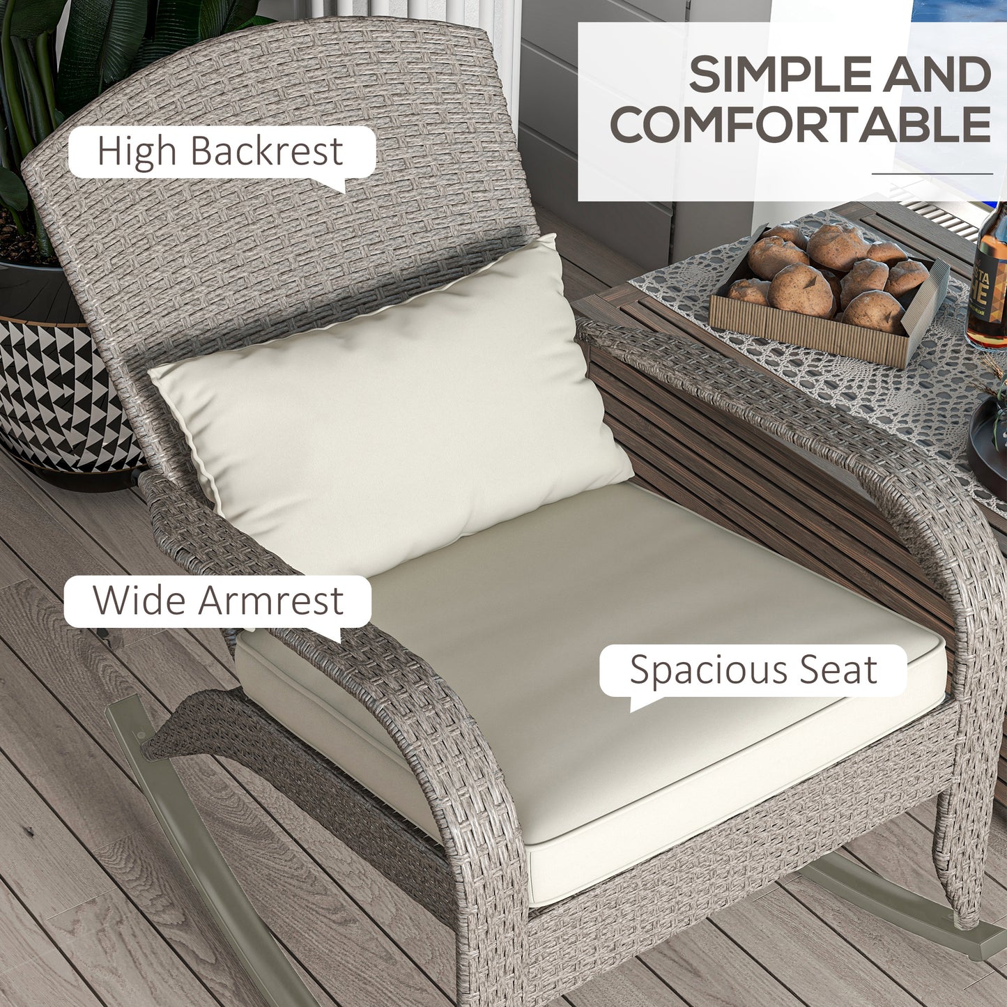 Outsunny Adirondack Chair, Outdoor Wicker Rocking Chair with High Back, Seat Cushion and Pillow for Porch, Balcony, Cream White