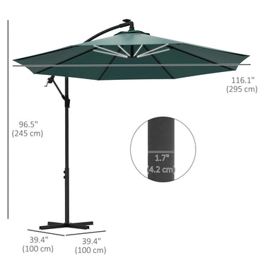 Outsunny 10ft Outdoor Cantilever Hanging Offset Umbrella with Solar LED Lights, Crank, Cross Base, Aluminum Frame, Green