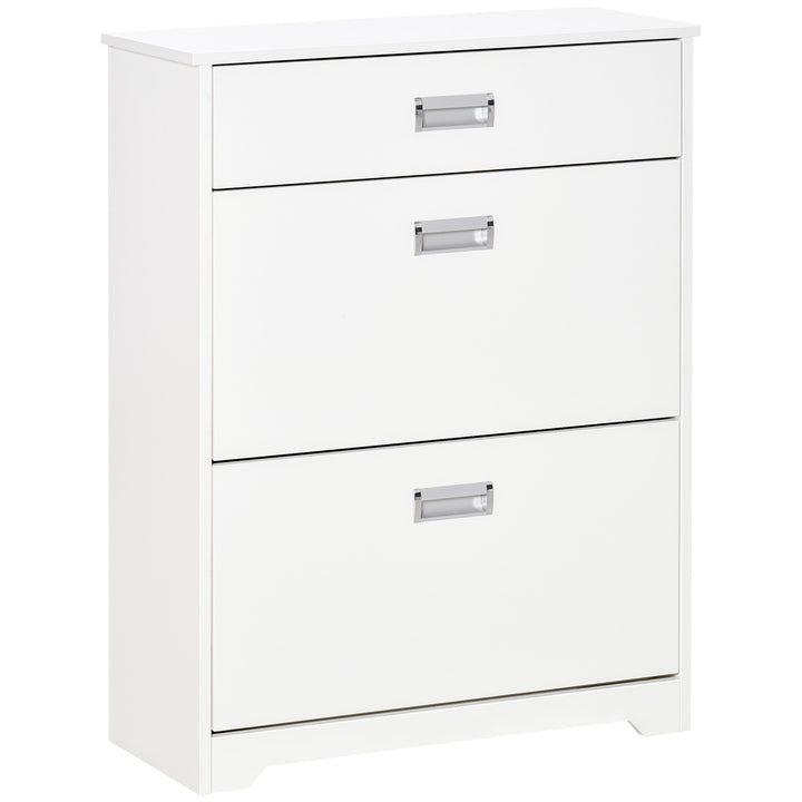 HOMCOM Narrow Shoe Storage with Drawer, 2 Flip Doors and Adjustable Shelves, Shoe Cabinet for 16 Pairs of Shoes, White