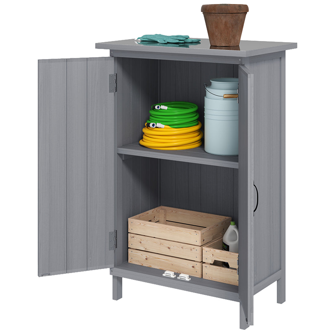 Outsunny Outdoor Storage Cabinet, Wooden Garden Storage Shed with 2-Tier Shelves, Metal Tabletop and Magnetic Doors, Grey