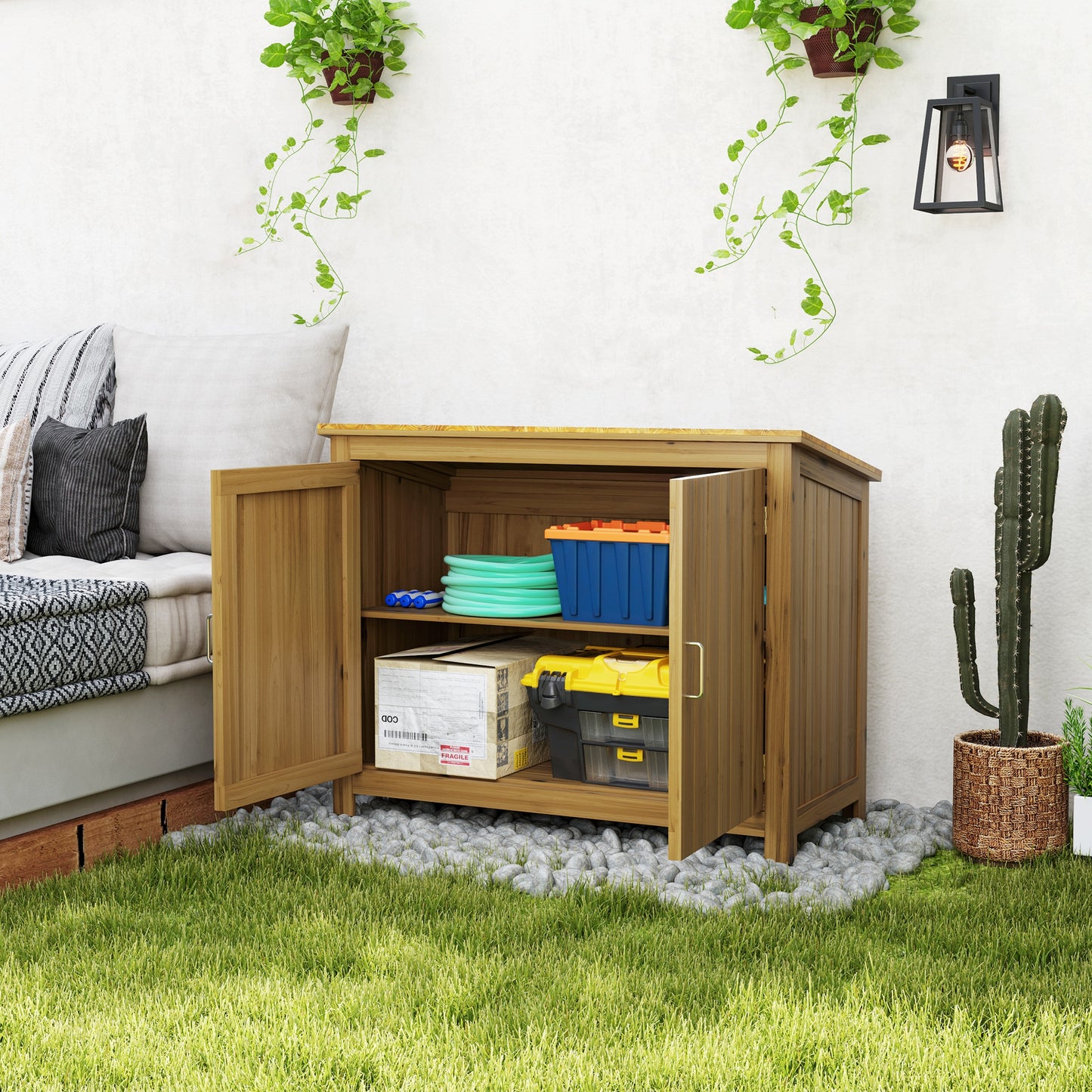 Outsunny Wooden Garden Shed, Compact Outdoor Storage Cabinet with 2 Shelves and 2 Doors for Patio, Deck, Lawn, 43" x 20" x 34"