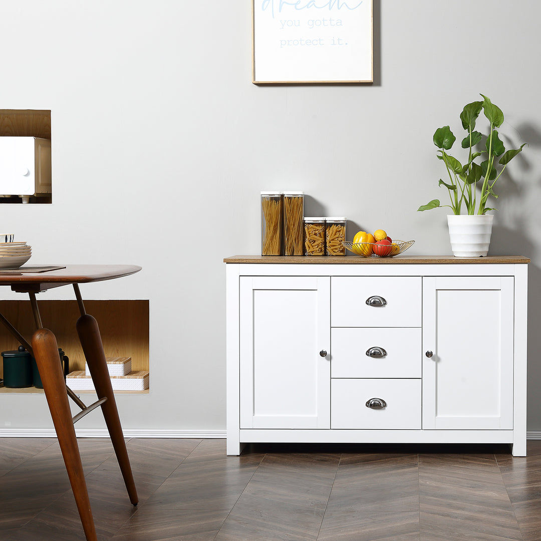 HOMCOM Modern Sideboard Cabinet, Kitchen Buffet Cabinet with 3 Drawers and Adjustable Shelves, Buffets Tables, White
