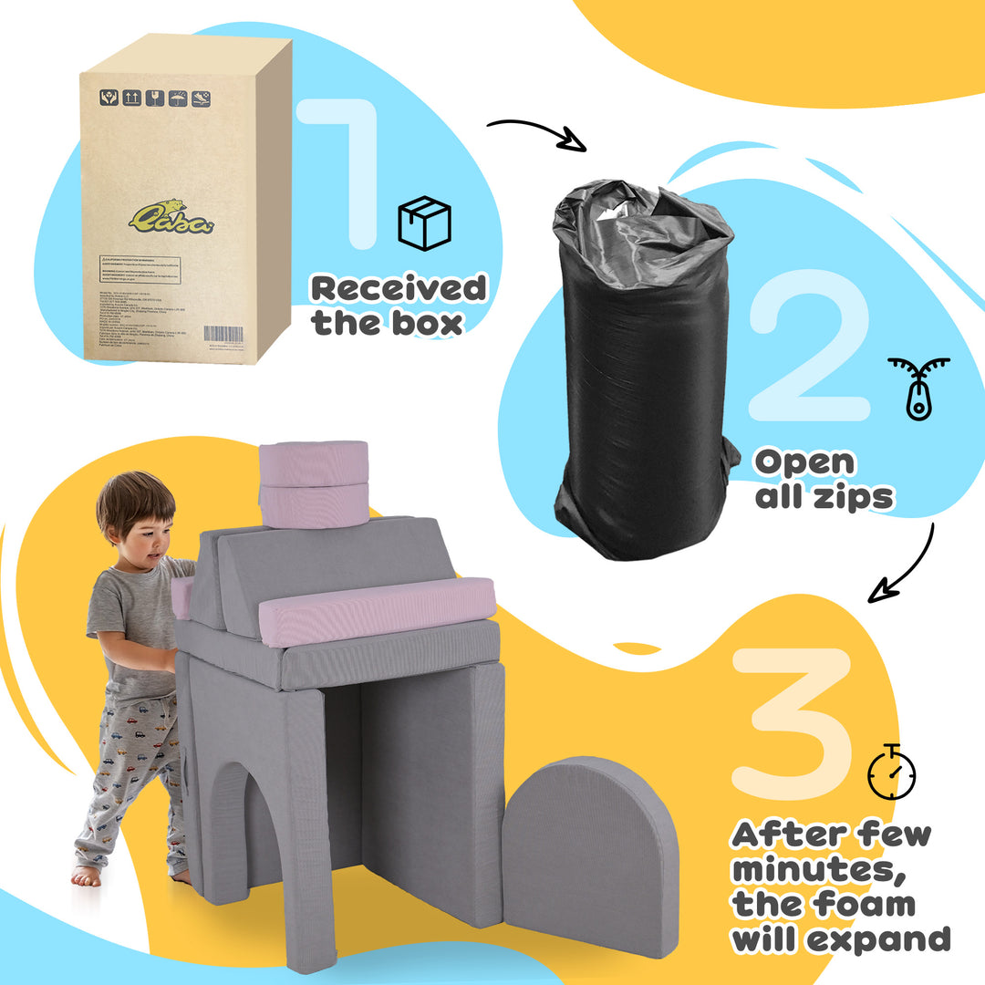 Qaba 12-Piece Modular Kids Play Couch Building Fort for Playroom Bedroom, Convertible Kids Sofa, Grey