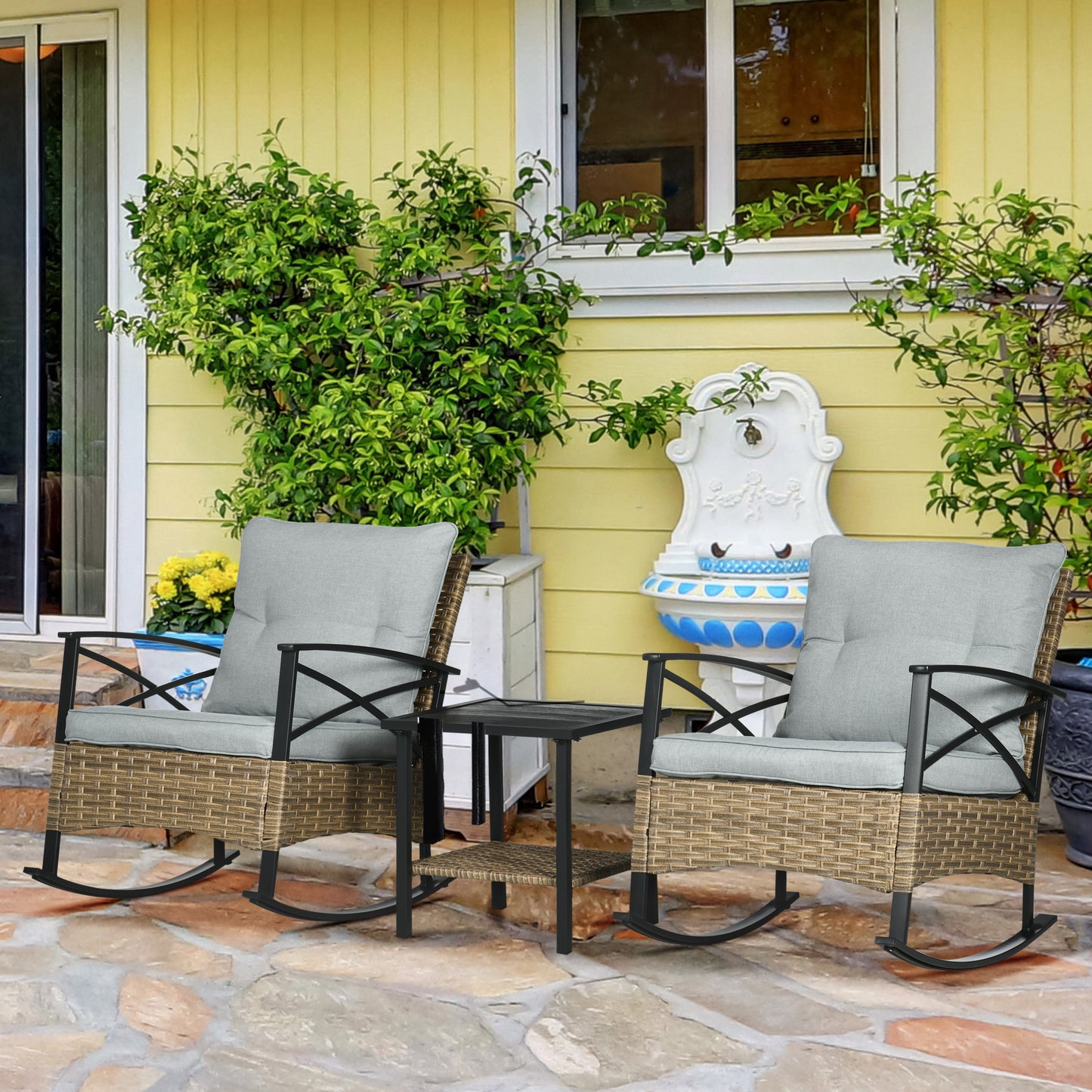 Outsunny 3 Pcs Outdoor PE Rattan Rocking Chair Set, Bistro Set with Two-tier Table, Padded Cushions for Garden, Dark Blue