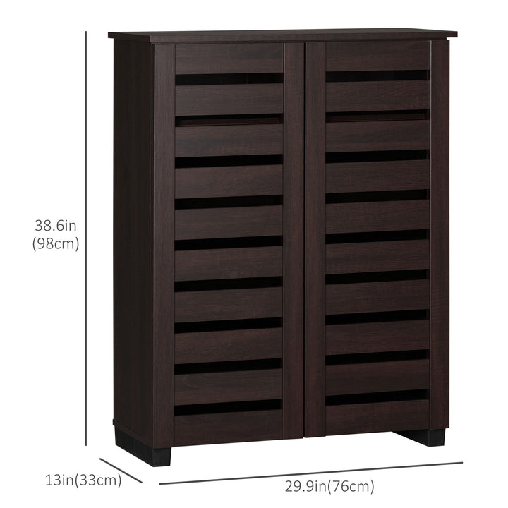 HOMCOM Narrow Shoe Cabinet with 2 Slatted Doors, Modern Shoe Storage Cabinet with Adjustable Shelves for Entryway, Hallway, Living Room, Holds 15 Pairs, Dark Brown