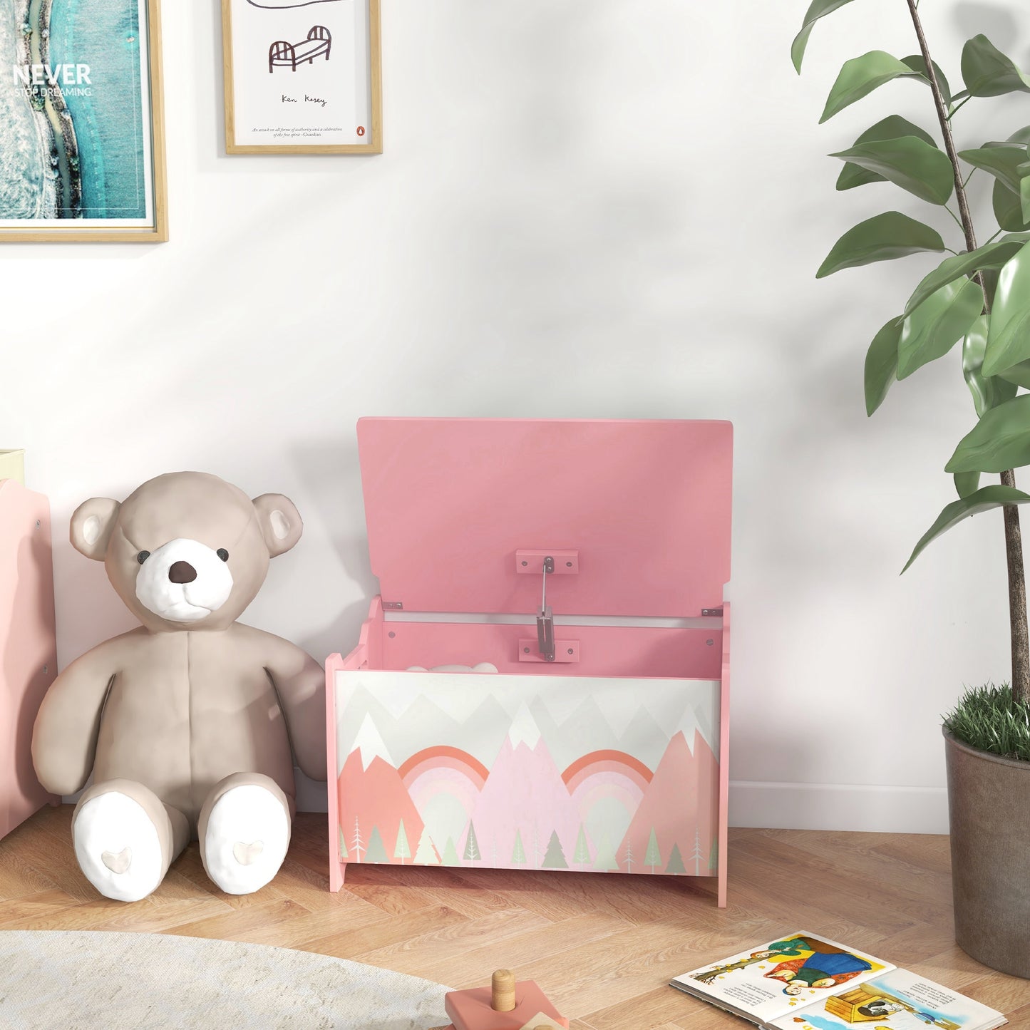 Qaba Toy Box with Lid, Toy Chest Storage Organizer for Bedroom with Safety Hinge, Pink