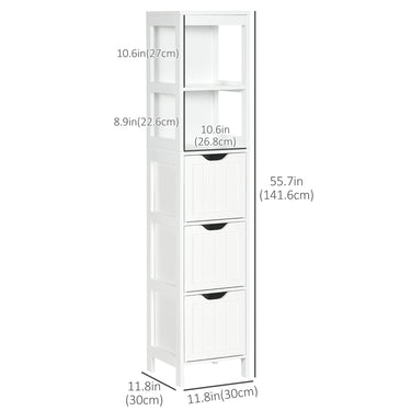 kleankin Narrow Bathroom Cabinet with 3 Drawers and 2 Tier Shelf, Tall Cupboard Freestanding Linen Tower, White