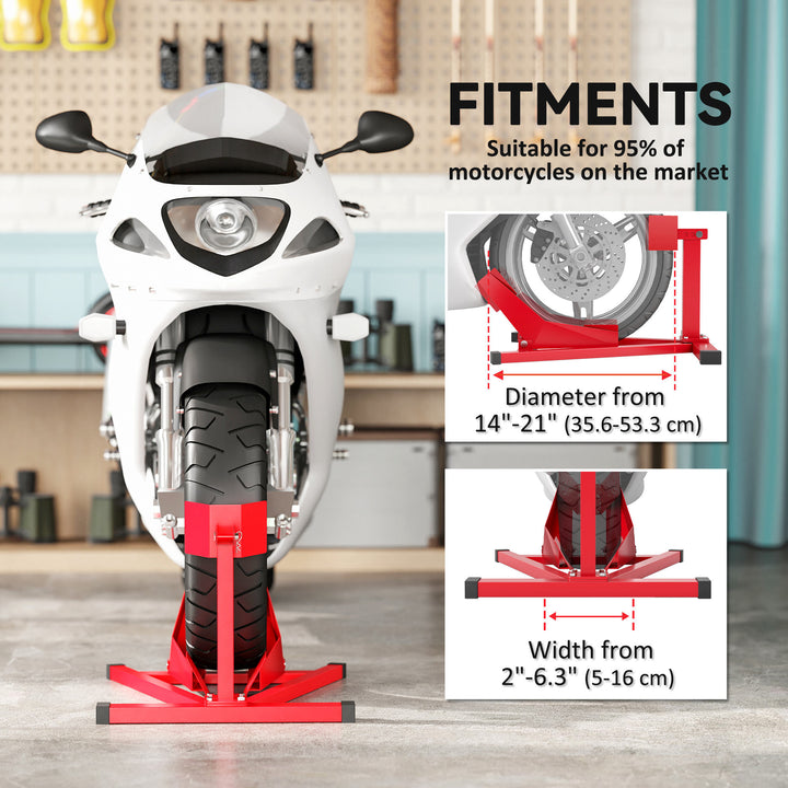 Soozier Motorcycle Wheel Chock, 660 lbs Capacity Heavy Duty Steel Motorcycle Front Wheel Stand for 14"-21" Wheels, Red