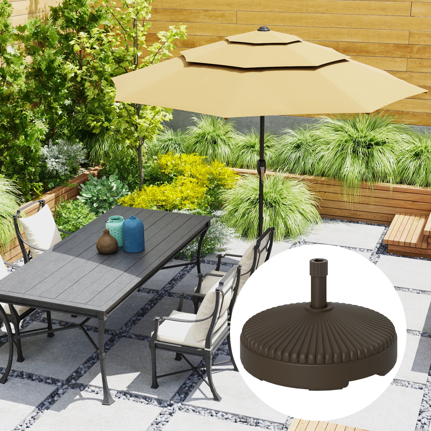 Outsunny Round Patio Umbrella Base Parasol Holder Outdoor Umbrella Stand, Filled Up to 62lbs with Stand or 51lbs with Water for Garden, Poolside, Brown