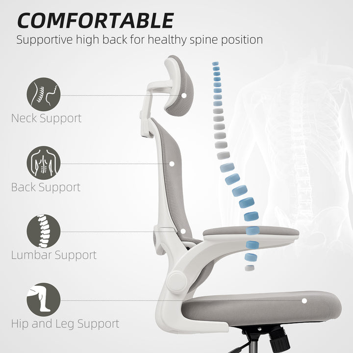 HOMCOM Ergonomic Mesh Office Chair, High Back Desk Chair with Rotatable Headrest, Flip-Up Armrests, Lumbar Support, Grey