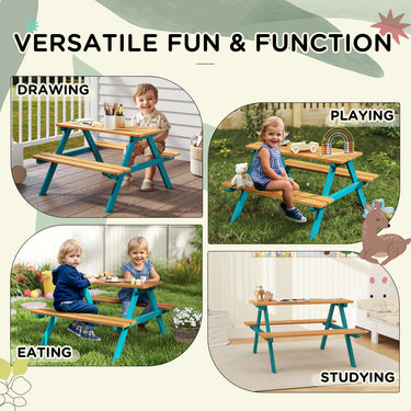 Outsunny Kids Outdoor Table Set Wooden Toddler Picnic Table and Benches for 4 Kids 3-8 Years, Easy Installation, Natural Wood