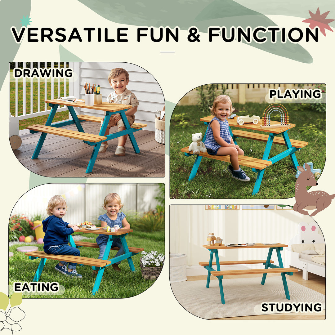Outsunny Kids Outdoor Table Set Wooden Toddler Picnic Table and Benches for 4 Kids 3-8 Years, Easy Installation, Natural Wood
