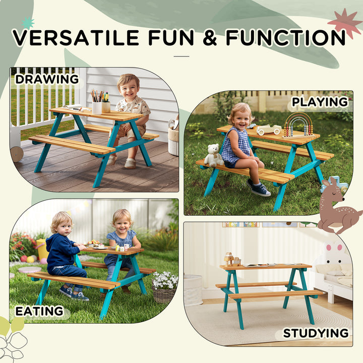Outsunny Kids Outdoor Table Set Wooden Toddler Picnic Table and Benches for 4 Kids 3-8 Years, Easy Installation, Natural Wood