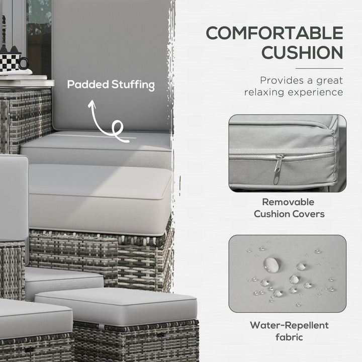 Outsunny 2 Piece Rattan Outdoor Daybed, 2 Seater Sofa Set with Footstool, Storage, Cushions and Pillows for Garden, Patio, Grey