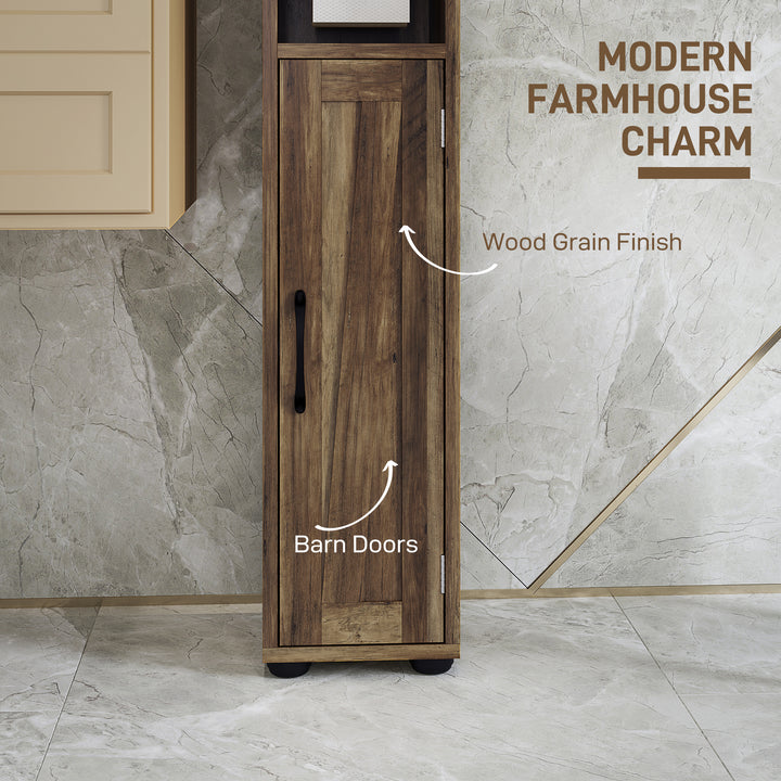 HOMCOM Narrow Bathroom Cabinet, Tall Bathroom Storage Cabinet with Barn Doors, Drawer and Adjustable Shelves, Brown Wood Grain