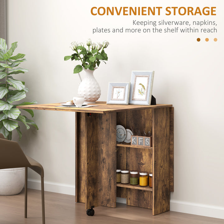 HOMCOM Extendable Dining Table, Collapsible Folding Table w/ 2-tier Shelves and Rolling Casters, Nature Wood