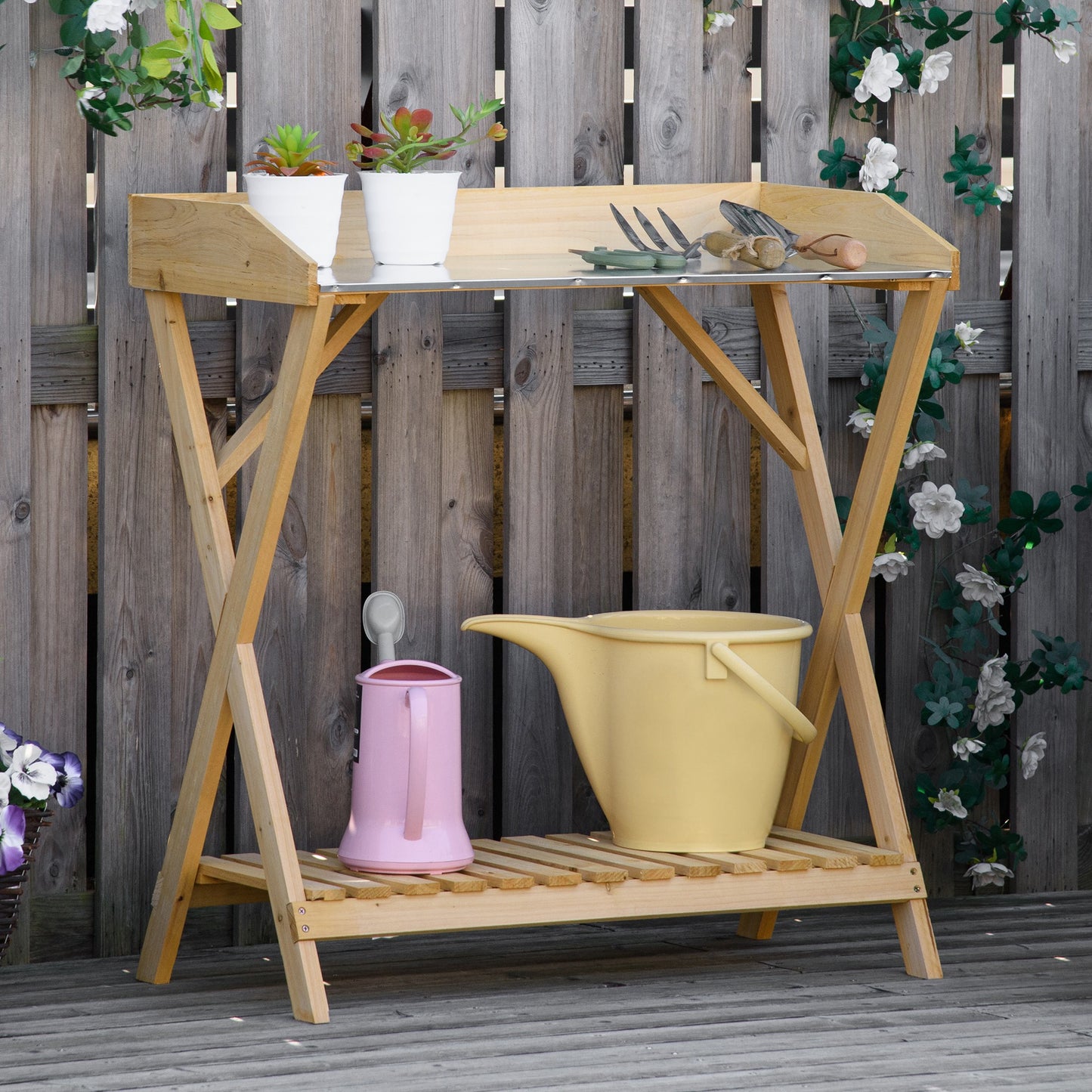Outsunny Garden Potting Bench Table, Wooden Work Station, Outdoor Planting Workbench w/ Galvanized Metal Tabletop and Storage Shelf