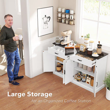 HOMCOM 55" Buffet Cabinet, Farmhouse Sideboard with 1.2" Thick Top, 4 Barn Doors, 2 Drawers and 2 Adjustable Shelves, White