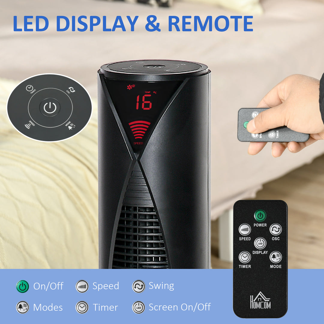 HOMCOM Freestanding Tower Fan Cooling for Home Bedroom with 3 Speed, 12h Timer, Oscillating, LED Sensor Panel, Remote Controller, White