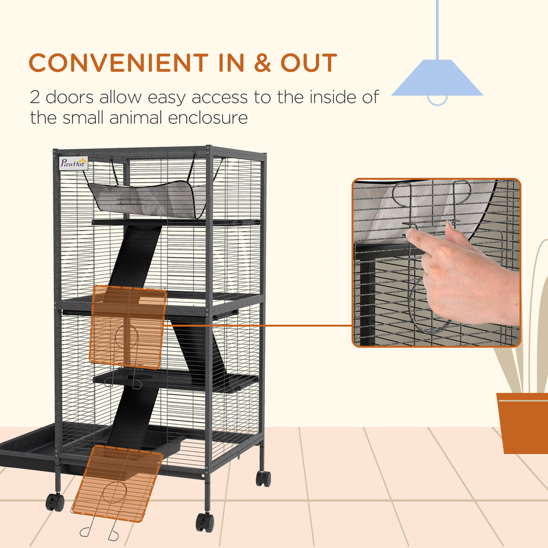 PawHut 4-Tier Rolling Small Animal Cage, Deluxe Guinea Pig Cage, Ferret Cage for Mink Chinchilla Kitten Rabbit