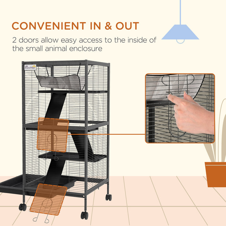 PawHut 4-Tier Rolling Small Animal Cage, Deluxe Guinea Pig Cage, Ferret Cage for Mink Chinchilla Kitten Rabbit