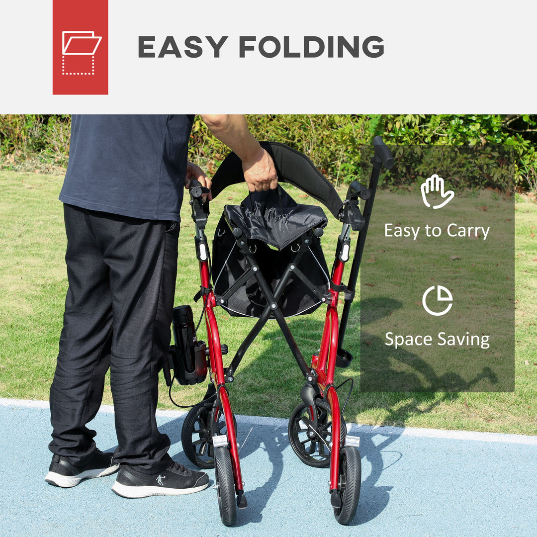 HOMCOM Rollator Walker for Seniors and Adults with 8'' Wheels, Padded Seat and Backrest,  Storage Bag Red