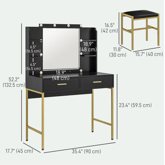 HOMCOM Makeup Vanity Desk Set with Lighted Mirror, Stool, Drawers, Shelves, 2 Lighting Modes, Dressing Table, Black
