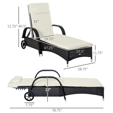 Outsunny Wicker Chaise Lounge, Outdoor Lounge Chair, PE Rattan Patio Sun lounger with Head-rest, 5-Level Height Adjust Backrest, Cushion & Wheels, Deep Coffee and Cream White