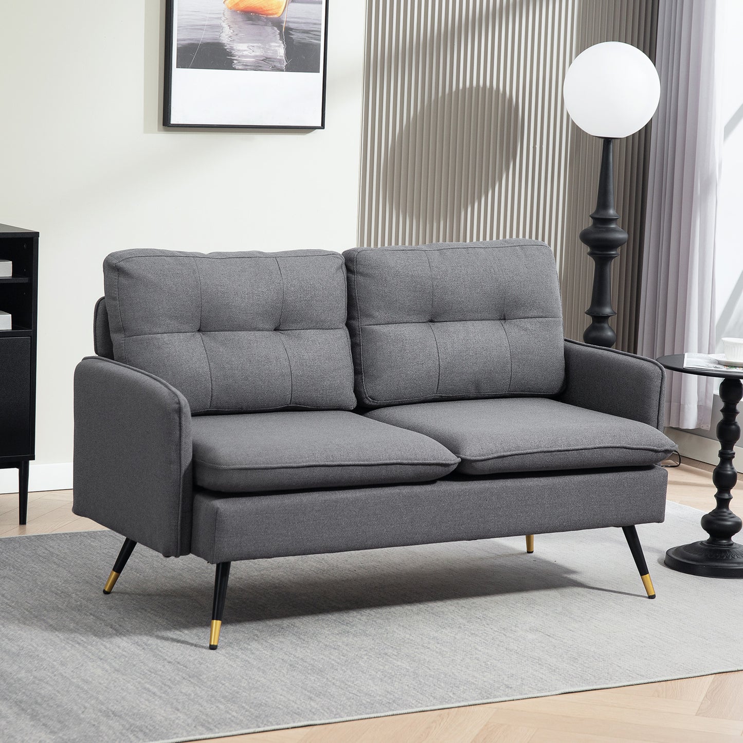 HOMCOM 55" Loveseat Sofa for Bedroom, Modern Love Seats Furniture with Button Tufting, Upholstered Small Couch for Living Room, Small Space, Grey