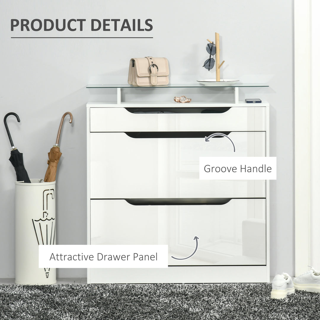 HOMCOM High Gloss Shoe Cabinet with 2 Flip Drawers and Adjustable Shelves, Narrow Shoe Storage Cabinet with Glass Top, White