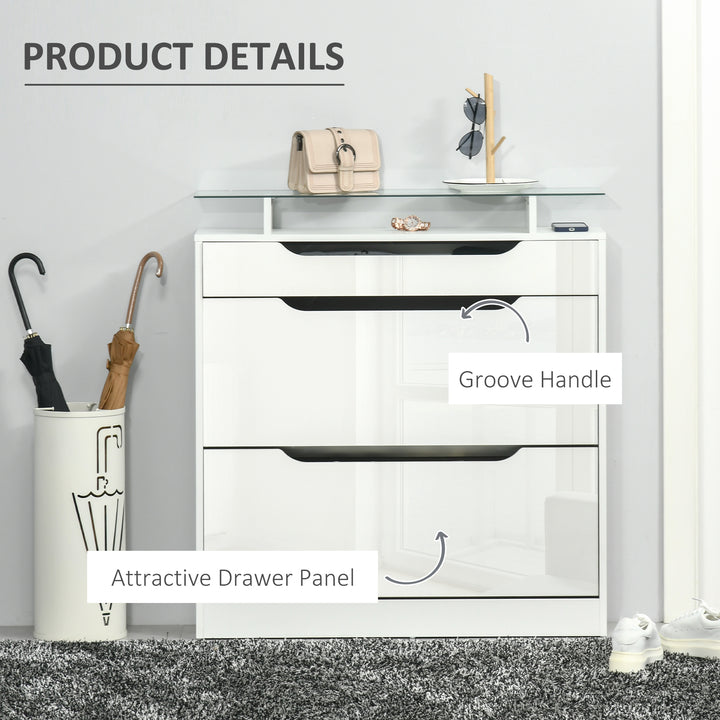 HOMCOM High Gloss Shoe Cabinet with 2 Flip Drawers and Adjustable Shelves, Narrow Shoe Storage Cabinet with Glass Top, White
