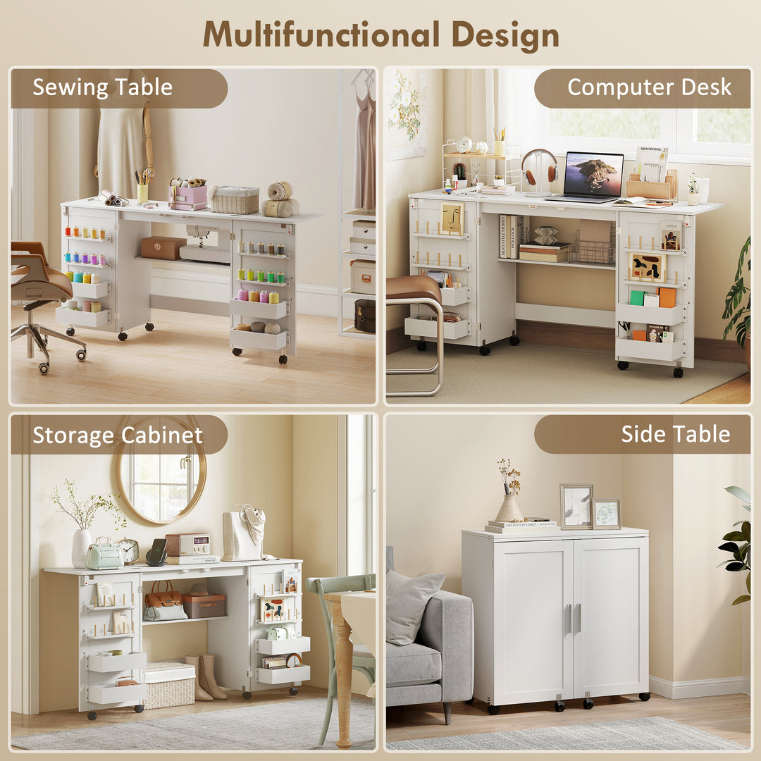 HOMCOM Folding Craft Table, Rolling Sewing Machine Table with Magnetic Doors, Bins, Pegs, Storage Shelf, Lockable Wheels, White