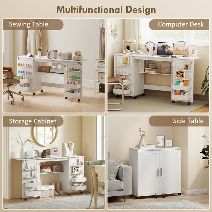 HOMCOM Folding Craft Table, Rolling Sewing Machine Table with Magnetic Doors, Bins, Pegs, Storage Shelf, Lockable Wheels, White
