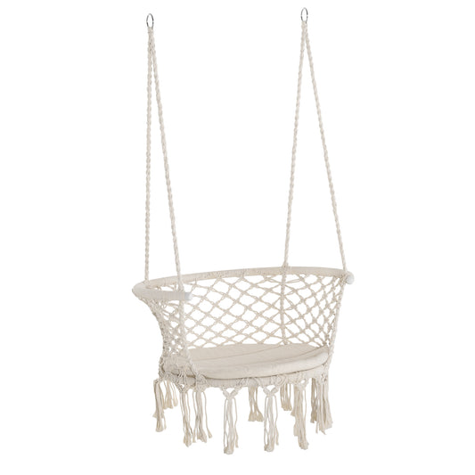 Outsunny Hanging Hammock Chair, Cotton Rope Porch Hammock Swing with Metal Frame and Cushion, Large Macrame Seat for Patio, Garden, Bedroom, Living Room,  Cream White