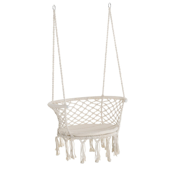 Outsunny Hanging Hammock Chair, Cotton Rope Porch Hammock Swing with Metal Frame and Cushion, Large Macrame Seat for Patio, Garden, Bedroom, Living Room,  Cream White