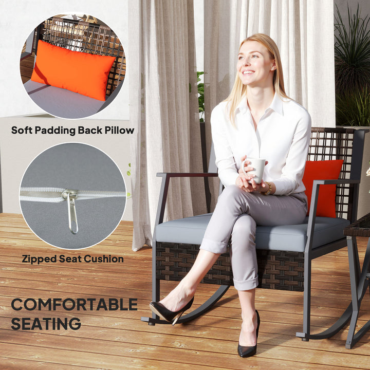 Outsunny 3 Pieces Rocking Bistro Set, Wicker Patio Furniture Set with Cushions and Glass Table for Porch, Balcony, Grey