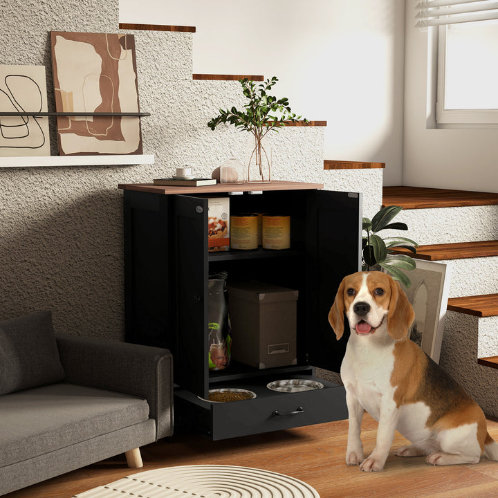 PawHut Pet Food Storage Container Dog Feeding Station w/ Adjustable Panel, Hooks, for Medium Sized Dogs, Black