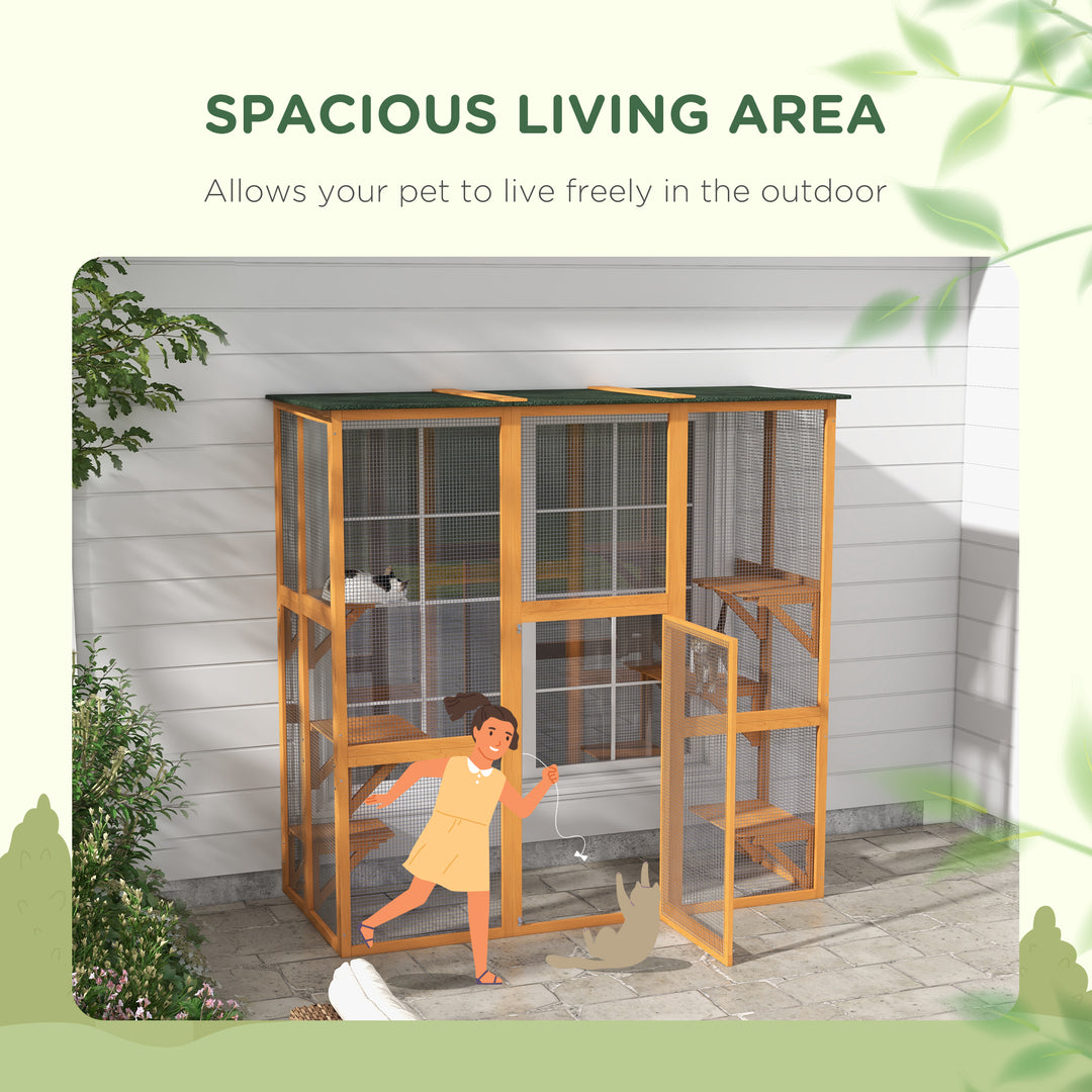 PawHut Large Outdoor Catio Enclosure, Weatherproof Cat House with Asphalt Roof,  Wooden Cat Patio Cage with 6 Balanced Platforms, 71" x 39" x 71", Grey