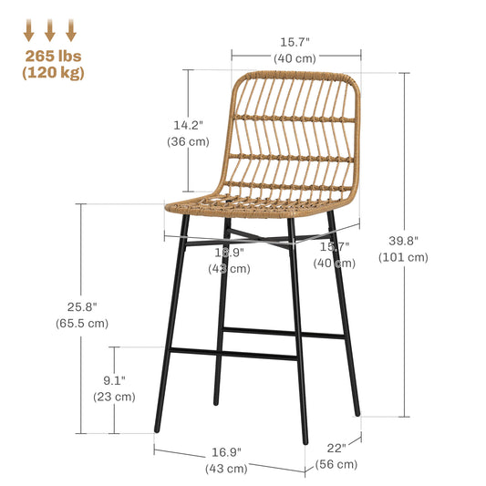 HOMCOM Rattan Counter Height Bar Stools Set of 2, 26" Counter Stools with Back, Modern Bar Chairs for Kitchen Island, Brown