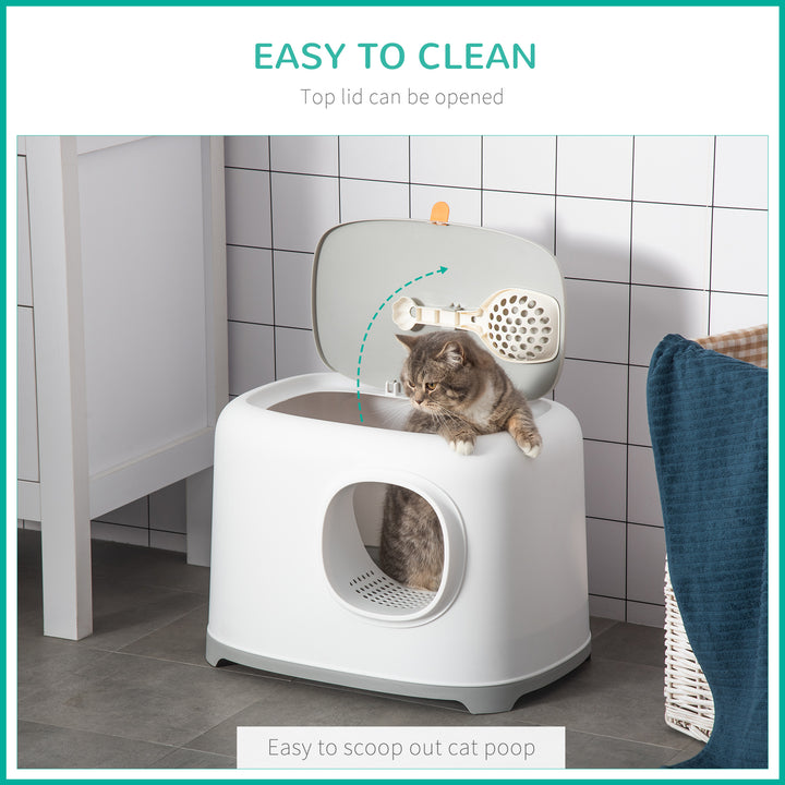 PawHut Cat Litter Box with Anti-Sand Tunnel, Scoop, Open Top, Odor Control & Easy to Clean, White