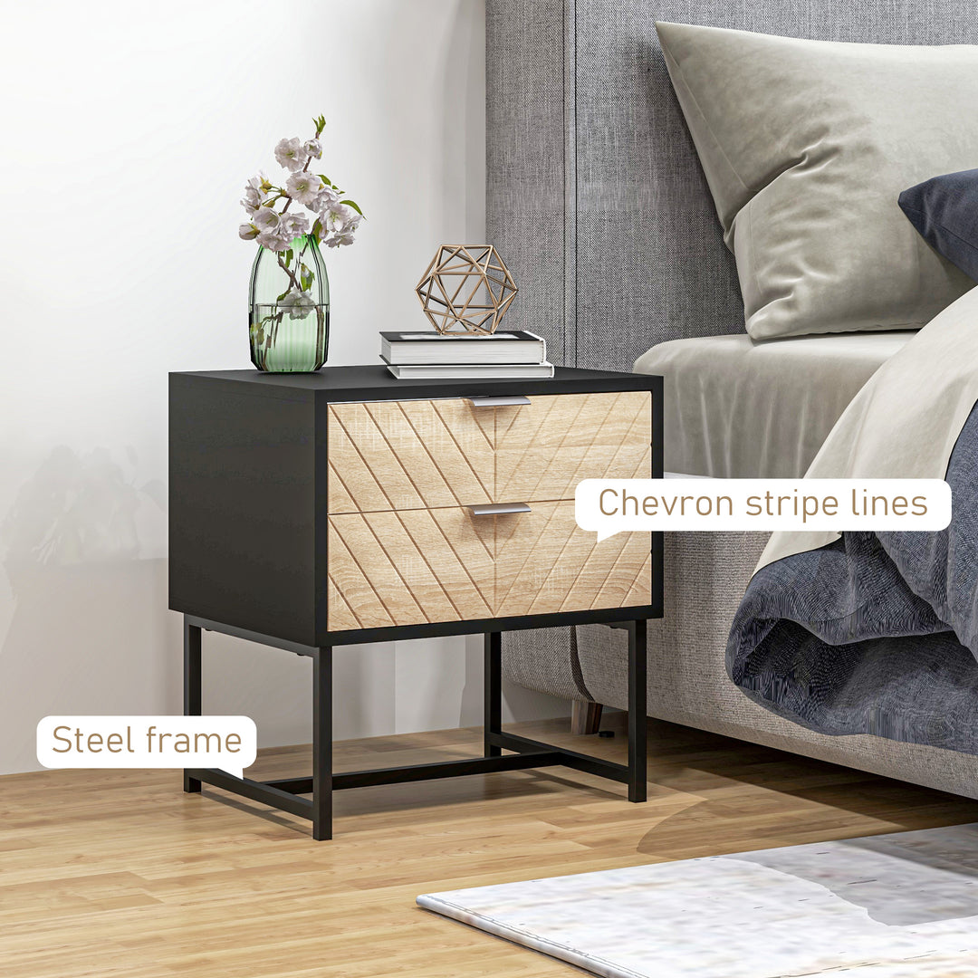 HOMCOM Modern Bedside Table with 2 Drawers and Steel Frame, Sofa Side Table for Bedroom Living Room, White and Oak