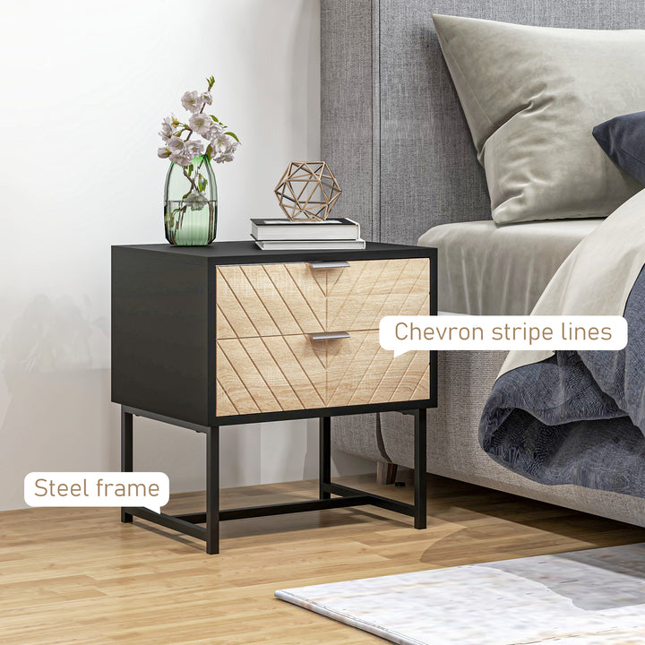 HOMCOM Modern Bedside Table with 2 Drawers and Steel Frame, Sofa Side Table for Bedroom Living Room, White and Oak