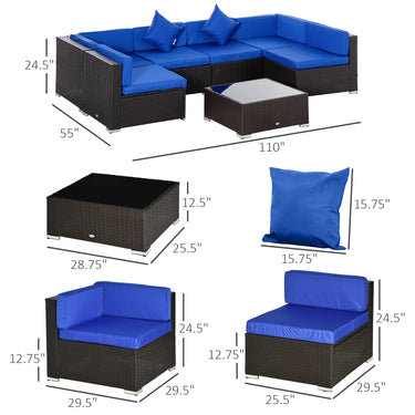 Outsunny 7 Pieces Outdoor Rattan Furniture Set, Patio Wicker Sectional Conversation Sofa Set, Blue